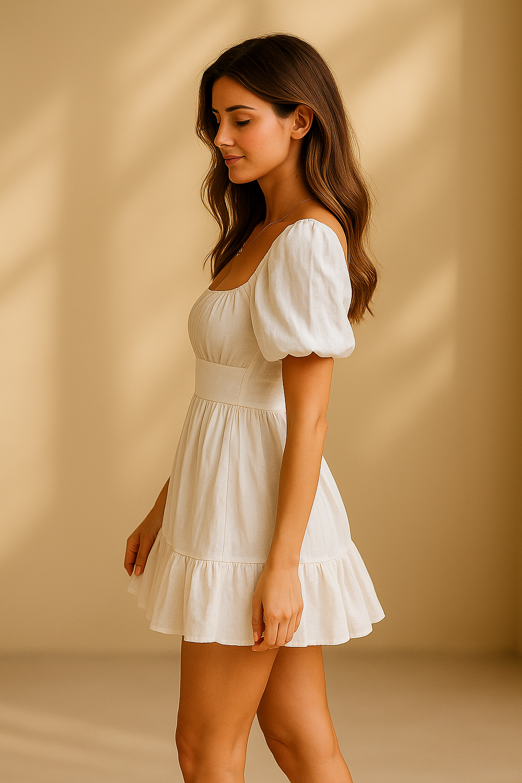 Weißes kurzes Damenkleid mit Puffärmeln und quadratischem Ausschnitt