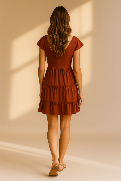 Rostfarbenes kurzes Damenkleid mit V-Ausschnitt und Knopfdetail – Flügelärmel