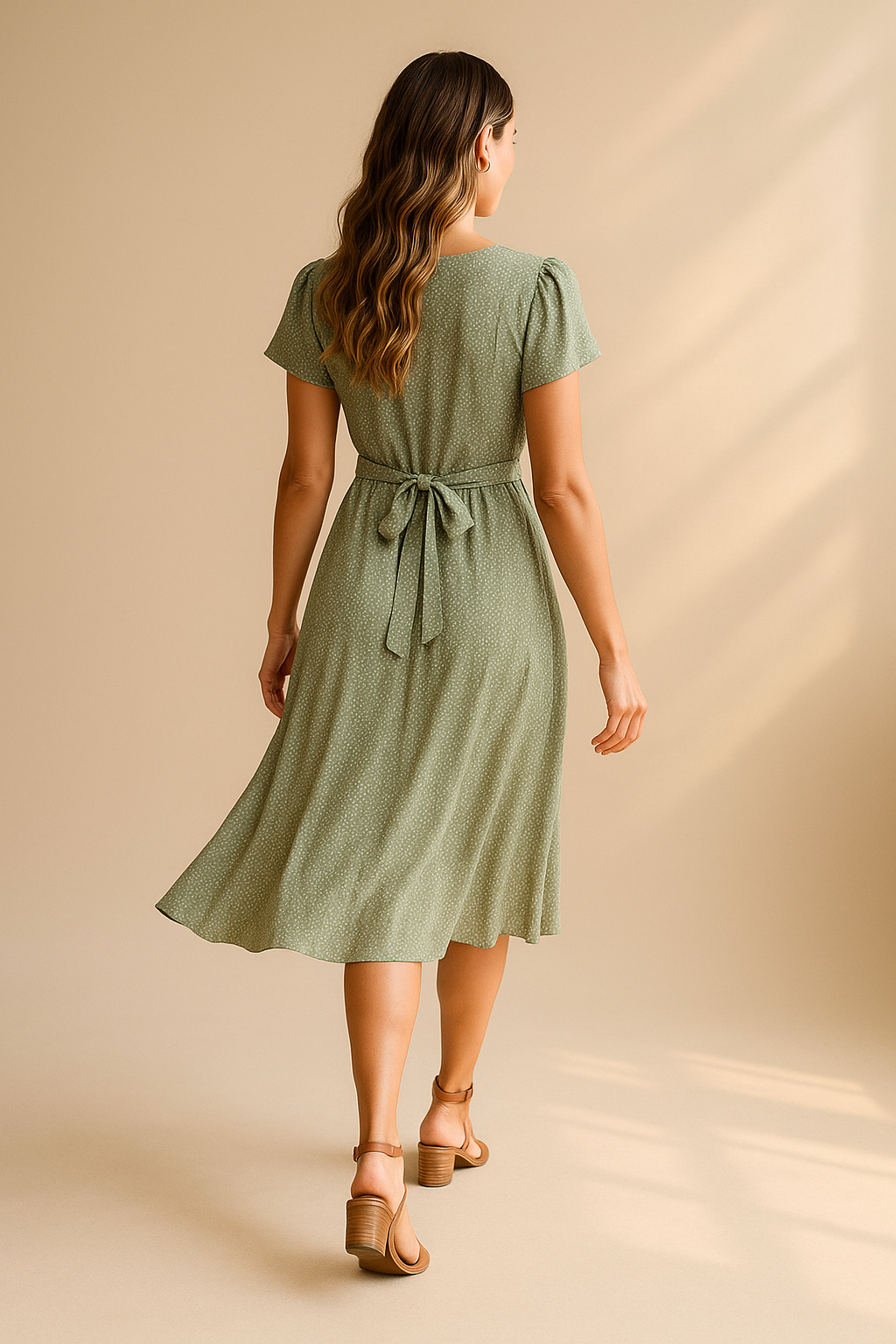 Grünes Wickelkleid für Damen mit kurzen Flatterärmeln – Midi-Länge