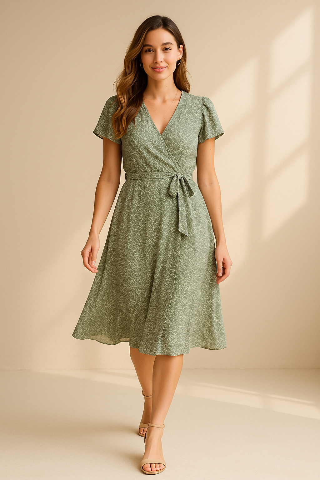 Grünes Wickelkleid für Damen mit kurzen Flatterärmeln – Midi-Länge