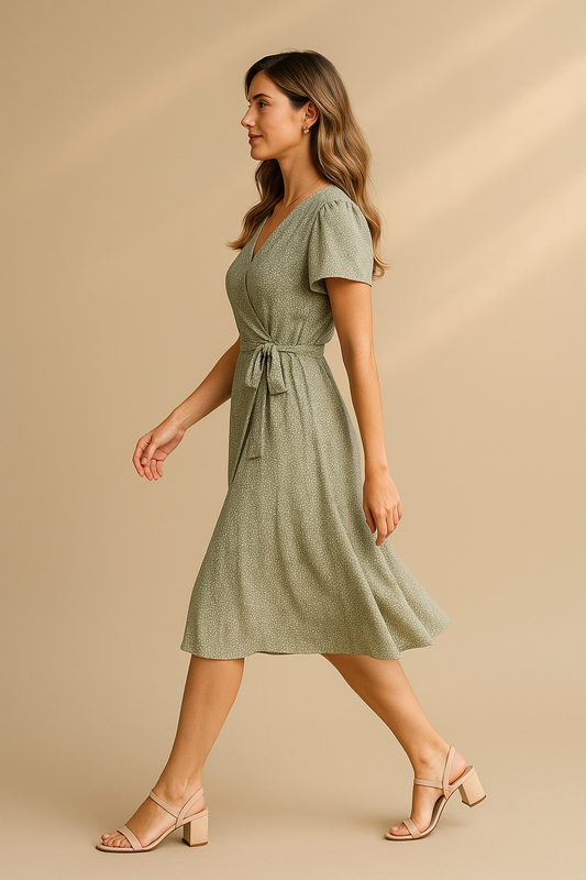 Grünes Wickelkleid für Damen mit kurzen Flatterärmeln – Midi-Länge